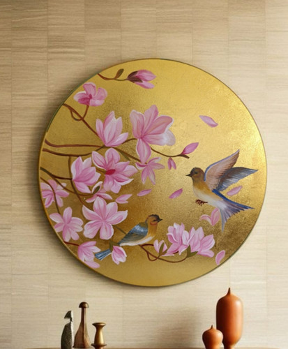 تابلو دکوراتیو گل و پرنده کارشده با رنگ روغن و ورق طلا اثری دست ساز و هنری